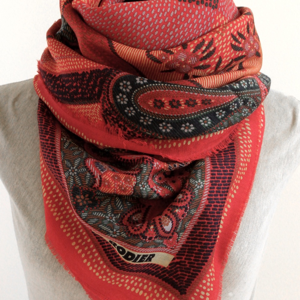 RODIER 100% Wool Shawl MADE IN ITALY Checker Paisley red orange